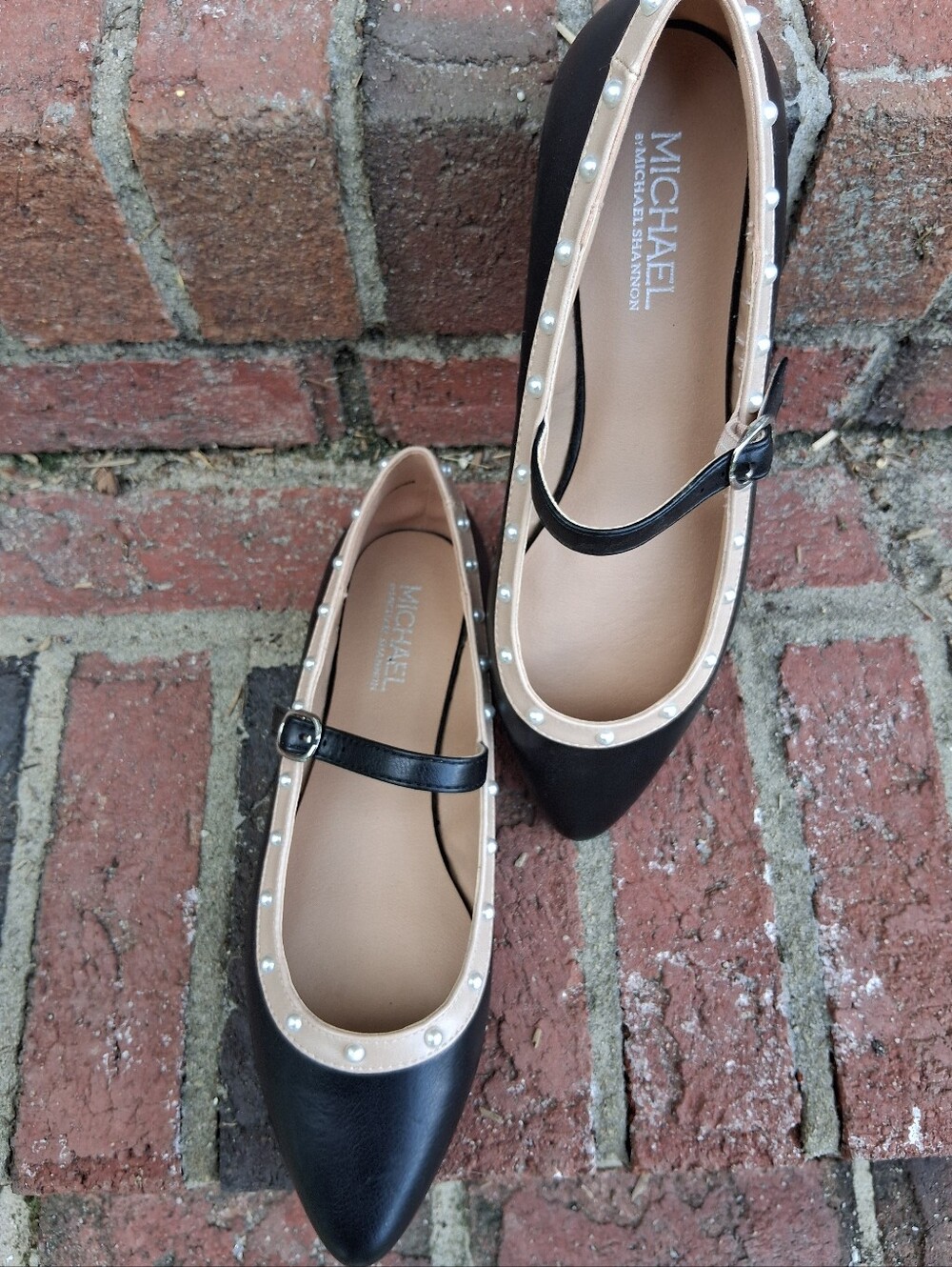 Michael Shannon Black and Nude Pearl-Trim Mary Jane Flats